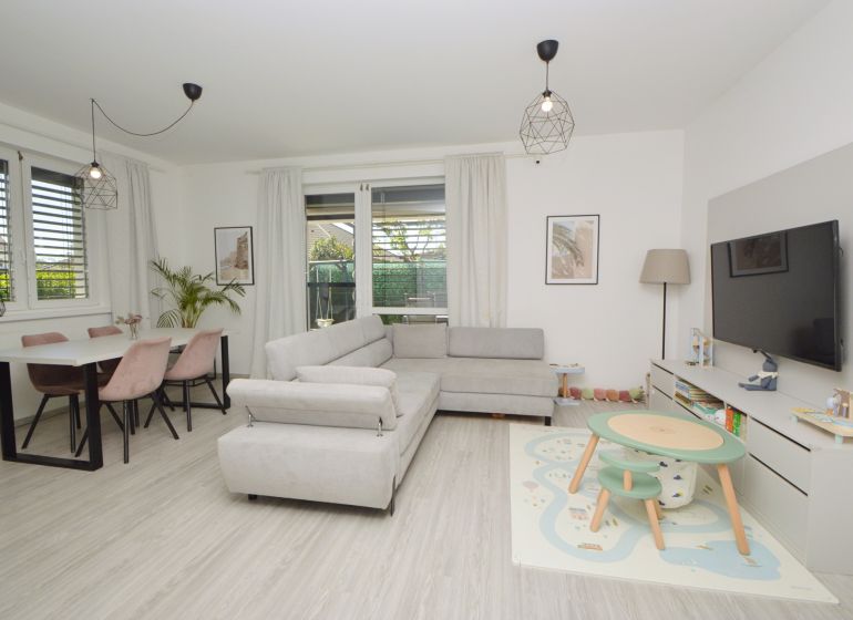 Living room in a family house with a wooden decor floor, a cozy couch, and a gaming corner.