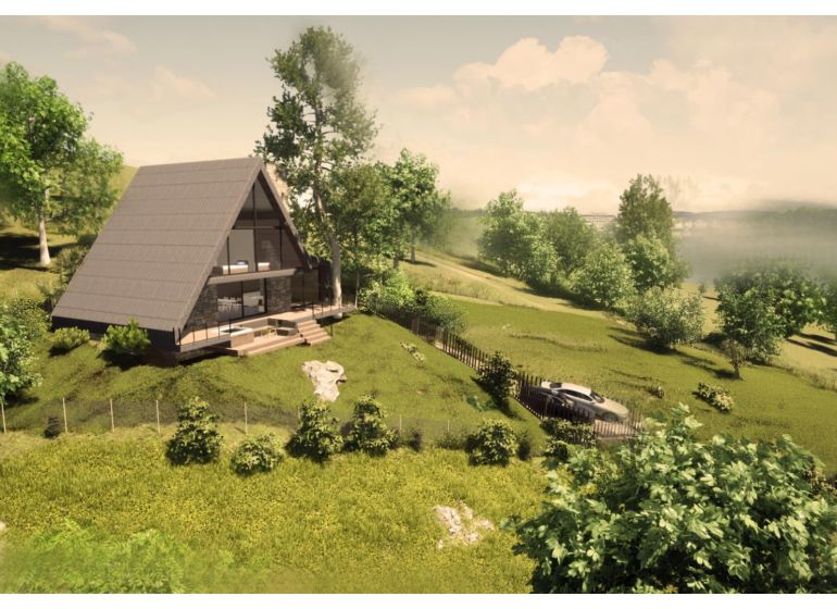 A cottage in Podhradí amidst forests and meadows with a car by the fence.