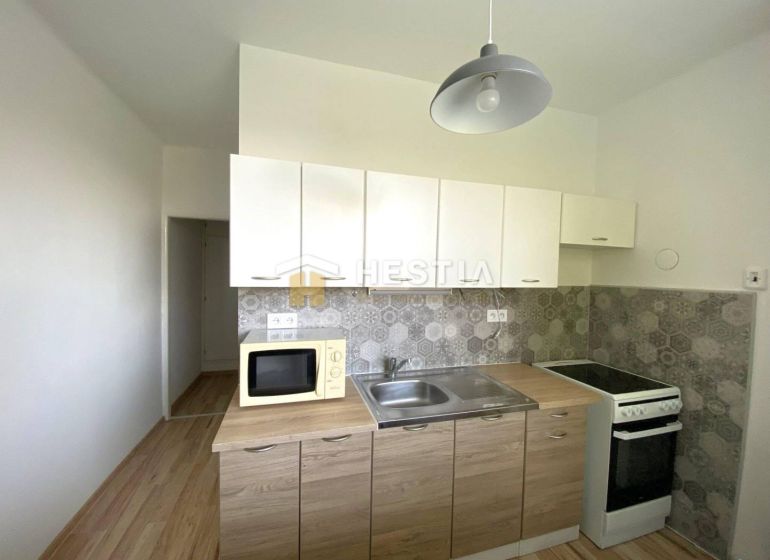 Kitchen in a 2-room apartment with a wooden decor floor and gray tiles.