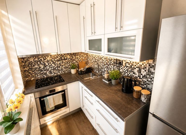 A kitchen in a 3-room apartment with white cabinets and a wood-patterned floor.