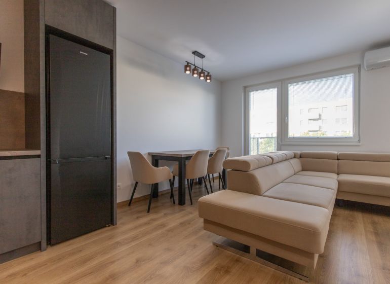 Living room with a leather sofa, dining table, and wooden decor flooring in a 2-room apartment.