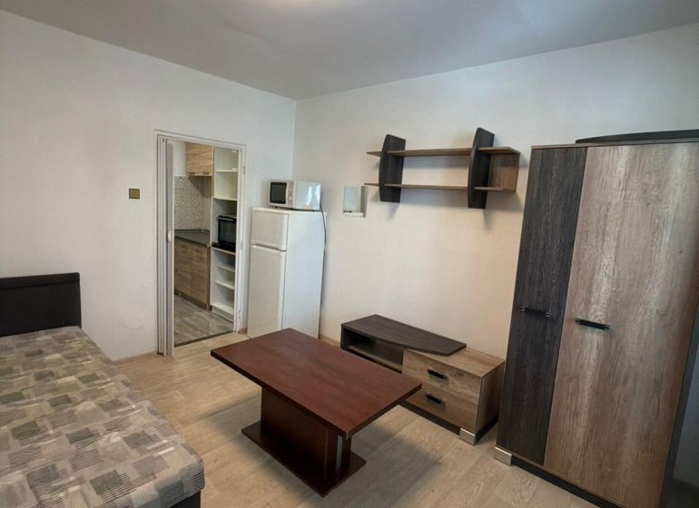 Studio apartment with furniture and wood-patterned flooring, light walls, and simple furnishings.