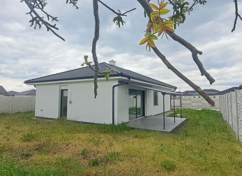 A family house in Topoľnica with a garden and terrace, surrounded by a decorative fence.