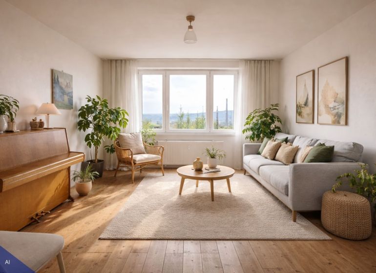 Living room in a 4-room apartment with a piano and a wooden decor floor.