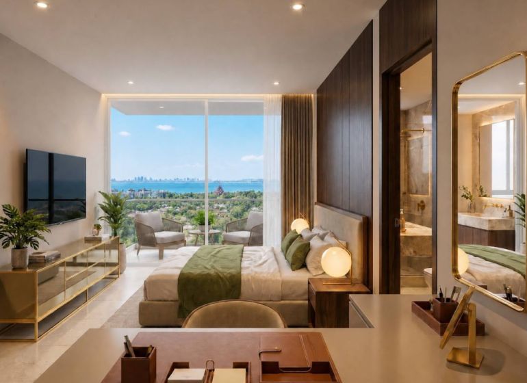 Furnishing of a one-bedroom apartment with a sea view, with a wooden decor floor.