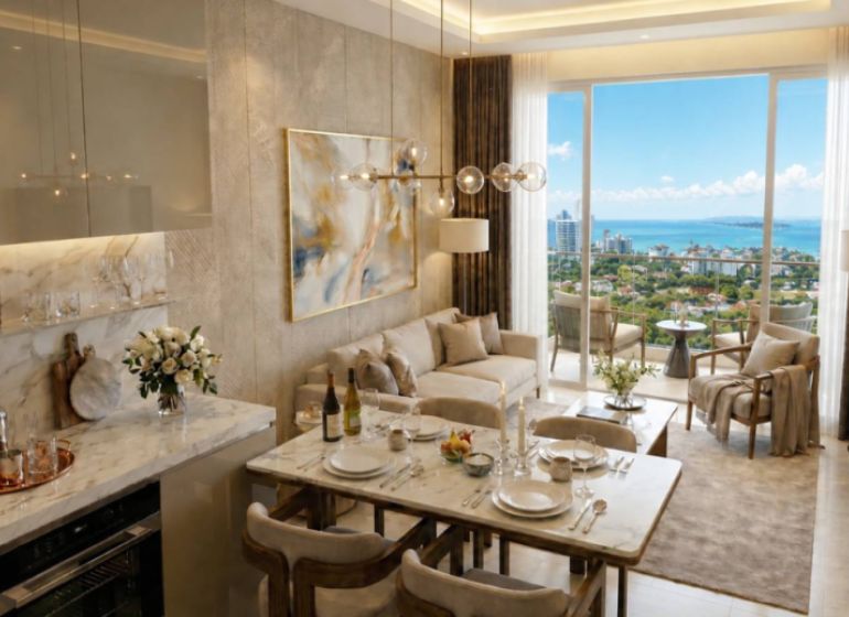 2-bedroom apartment with a sea view, elegant living room, and dining area.