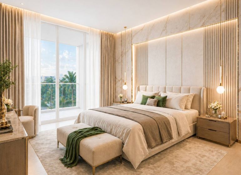 Elegant bedroom with a balcony and wood-patterned flooring in a 2-room apartment.