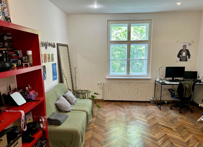 Living room in a two-room apartment with a wood-patterned floor, a sofa, and a computer desk.