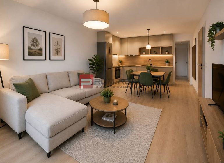 Living room with kitchen in a two-room apartment, wooden decor flooring, light furniture.
