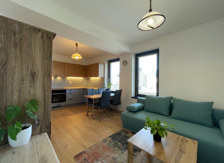 Living room with kitchen, wooden decor flooring, green sofa, 2-room apartment.