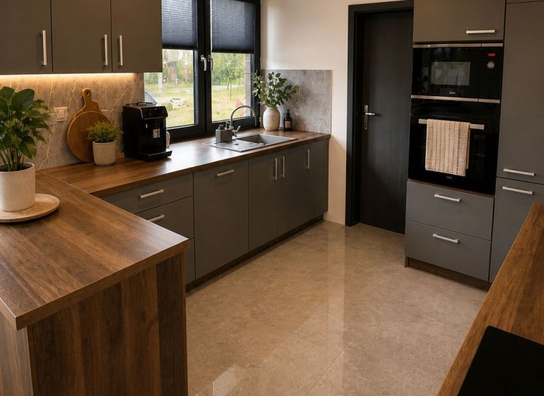 A kitchen in a family house with a floor and kitchen countertop with a wooden decor.