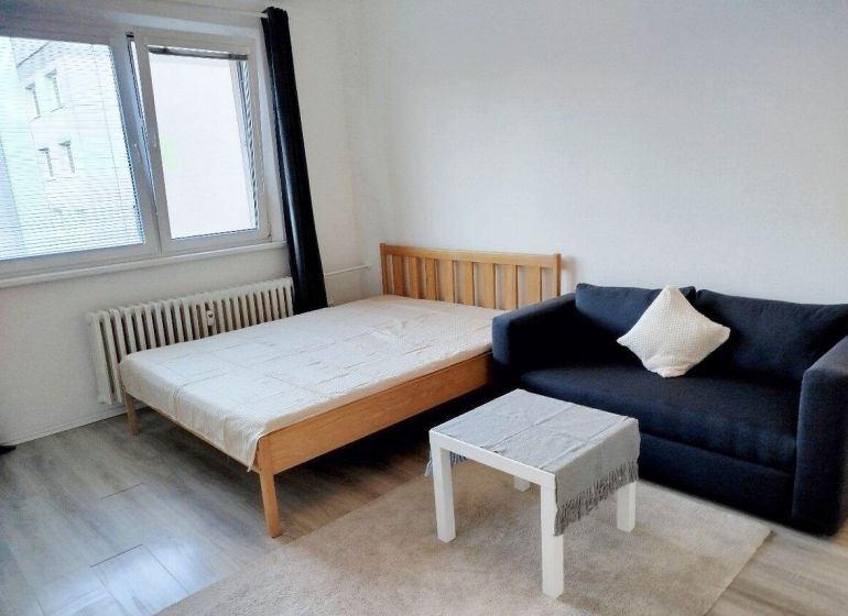 A one-room apartment with a bed, sofa, and table; floor with wooden decor.