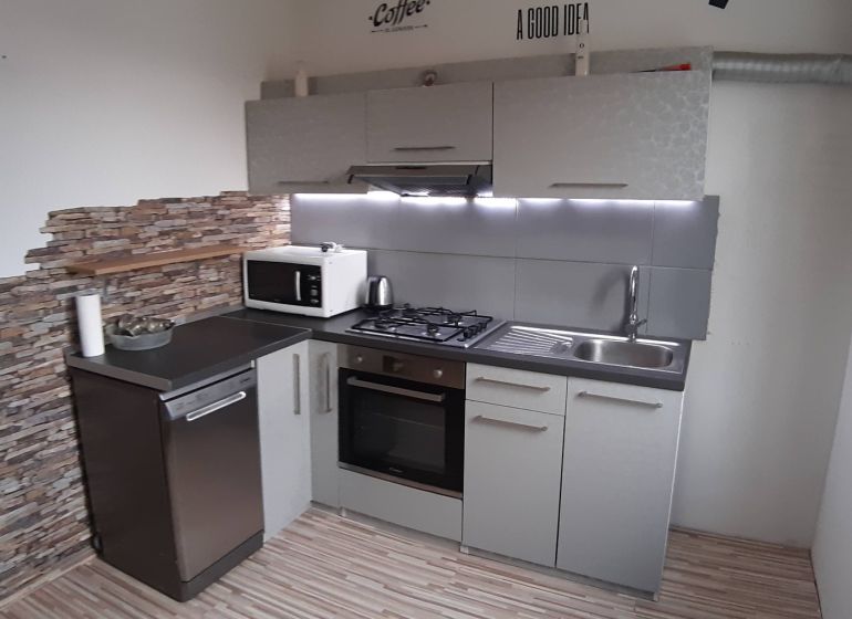A kitchen in a 2-room apartment with a wooden decor floor and a stone wall.