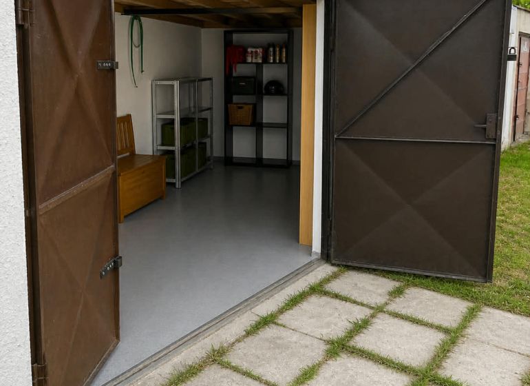 Open garage on Gúgska Street in Nové Zámky with shelves and a flat lawn.