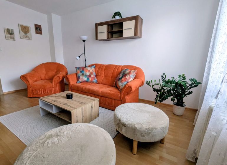 Living room of a two-room apartment with an orange sofa, a plant, and a wooden-decor floor.