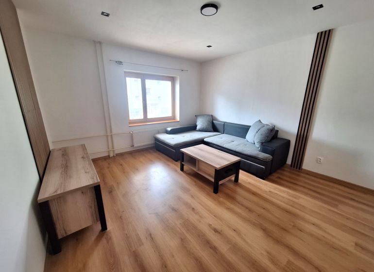 Living room in a 2-room apartment with a sofa, tables, and wooden flooring.
