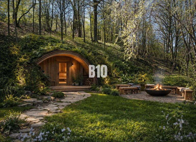 Earth house with a sauna and outdoor seating by the fire pit on a property in Banská Štiavnica.