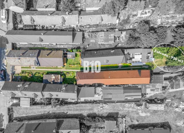 Aerial view of properties - housing with houses and gardens in Bratislava IV on Jadranská Street.