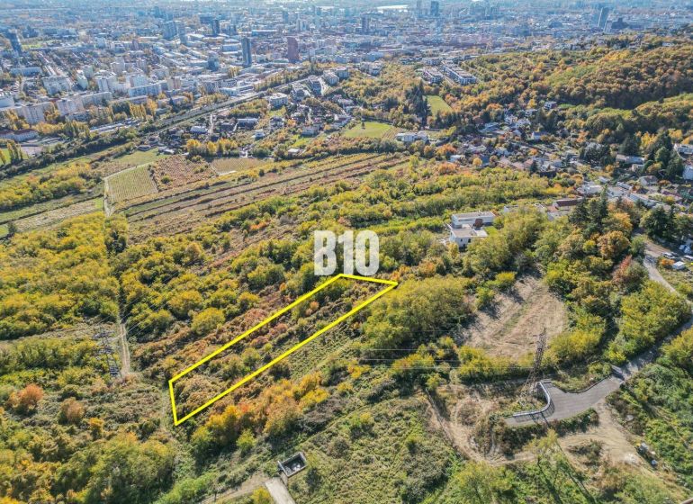Aerial view of gardens in Bratislava III with forest vegetation and city skyline.