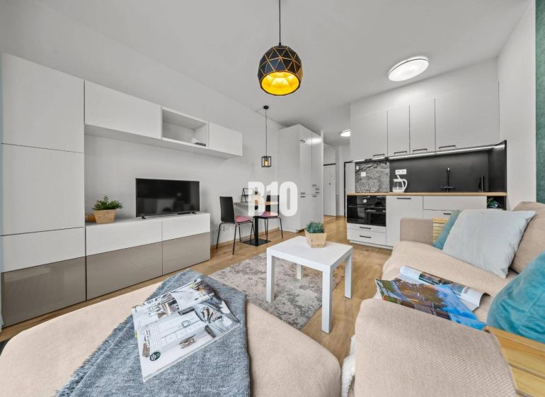 Living area of a studio apartment with a wood-patterned floor and a kitchenette.