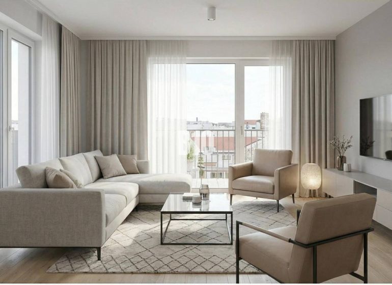 Living room with a sofa, armchairs, and a wooden decor floor in a 2-room apartment.