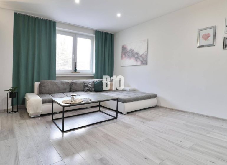 Living room with a sofa, coffee table, and wooden decor flooring in a 2-room apartment.