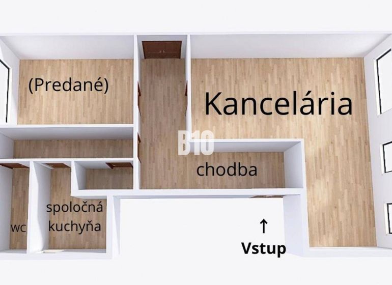 Floor plan of an office with a corridor, kitchen, WC, and flooring with a wooden decor.