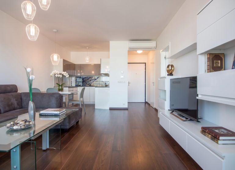 Living room with wood-patterned flooring and a comfortable sofa in a two-room apartment.