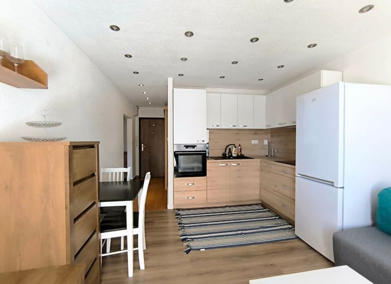 Kitchen and dining table in a studio apartment with a wooden decor floor.
