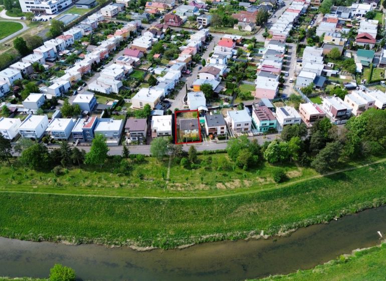 Aerial view of a family house on Nabr. J. M. Hurbana Street in Michalovce.
