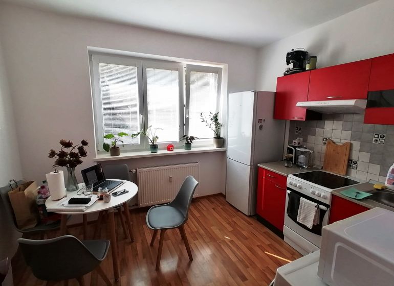 Kitchen in a studio apartment with a wooden decor floor and a red kitchen unit.