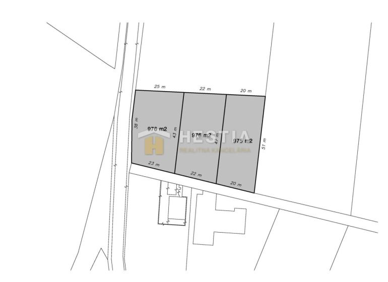 Land plan for residential plots in Bukovec with dimensions and area of parcels.