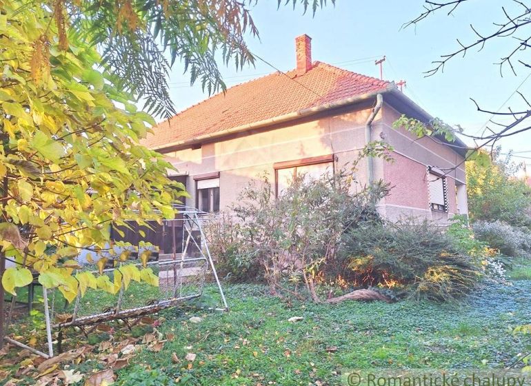 A family house in Gbelce with a garden swing, surrounded by greenery and shrubs.