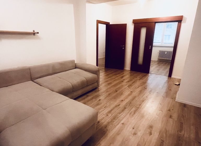 Living room with a comfortable sofa and wooden decor flooring in a three-room apartment.