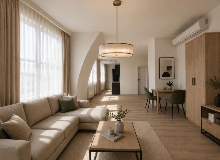 Living room with a sofa, table, and wooden decor flooring in a studio apartment.