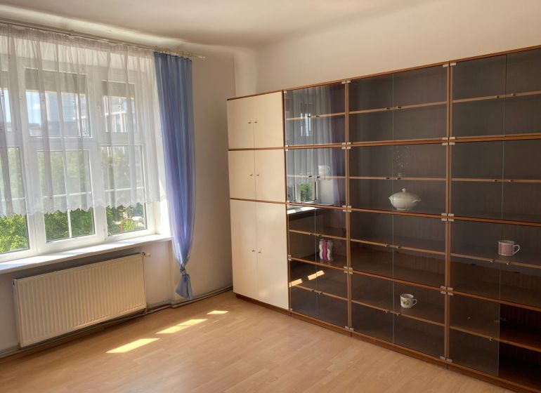 Living room in a 2-room apartment with a window, curtains, and a cabinet with shelves.