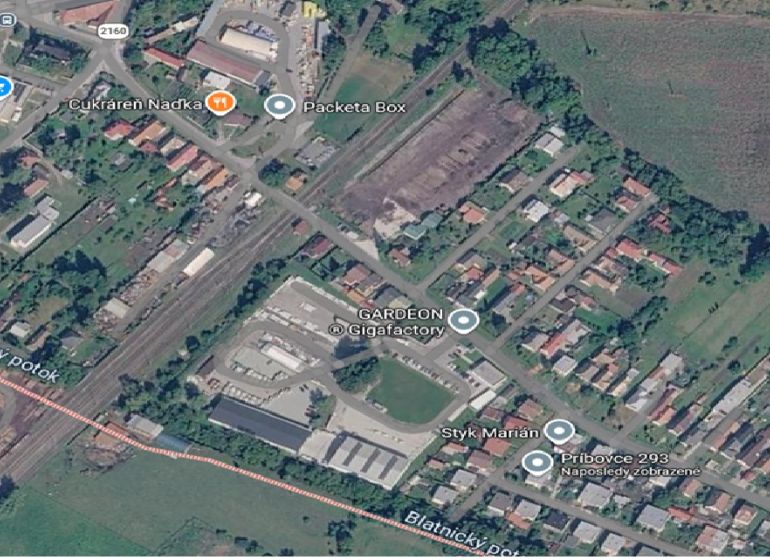 Aerial photograph of the area and family houses in the part of the city of Martin, focused on infrastructure.