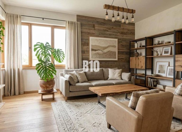 Living room in a family house with a wooden decor floor and green plants.