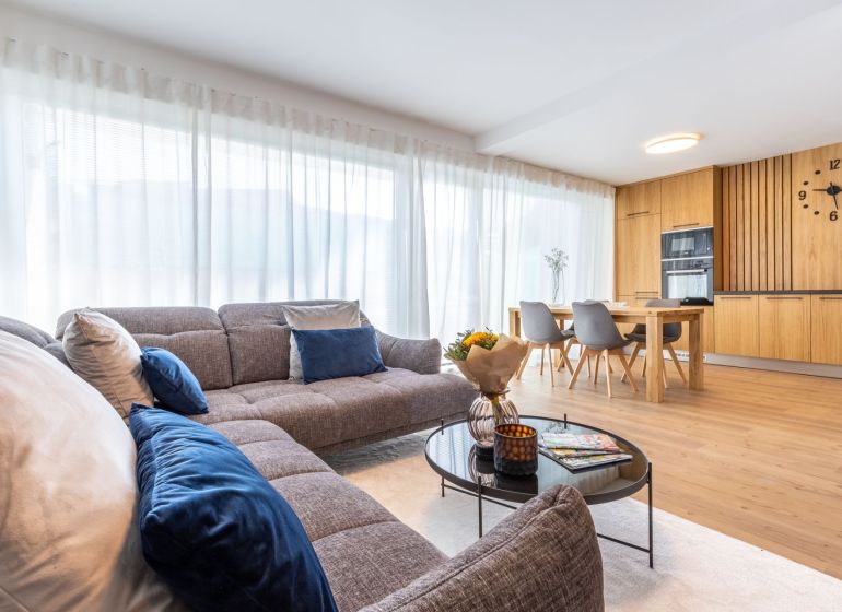 Living room in a family house with a sofa, dining table, and wooden decor flooring.