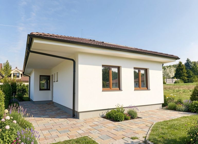 A family house on Pánska Niva in Hlohovec with a stone pathway and a well-maintained garden.