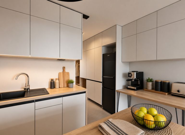 A kitchen with a wooden decor floor in a 2-room apartment, light furniture sets, and appliances.