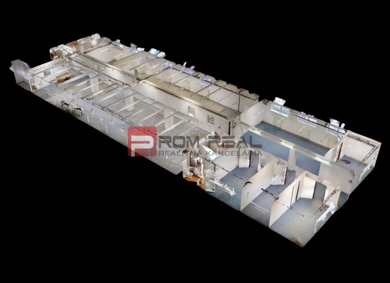 Layout of the interior of warehouses and halls with office spaces and corridors.