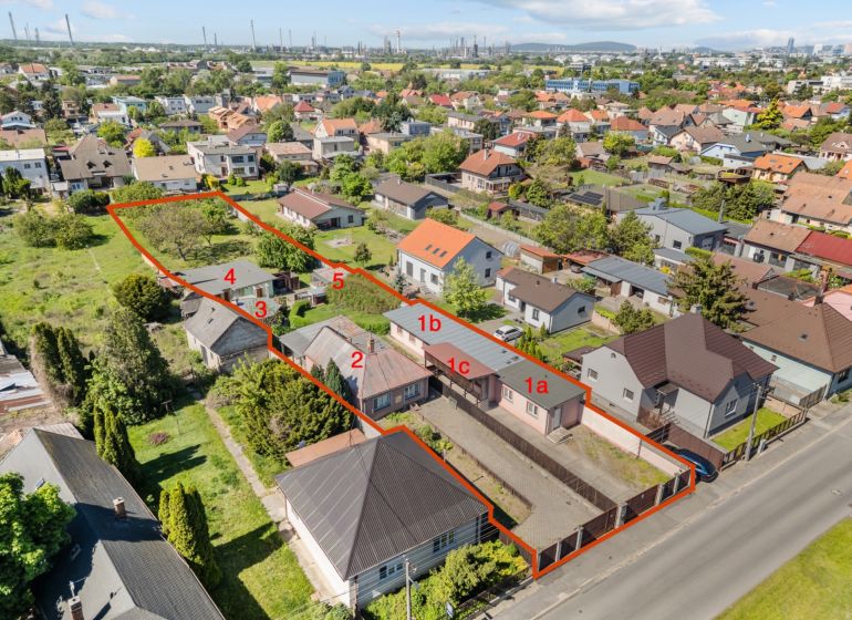 Aerial view of residential plots on Padlých hrdinov Street, Bratislava - Podunajské Biskupice.
