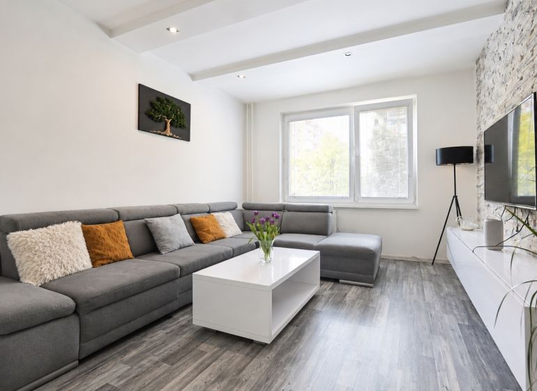 Living room with a comfortable sofa, wooden decor flooring, and a decorative wall in a 3-room apartment.