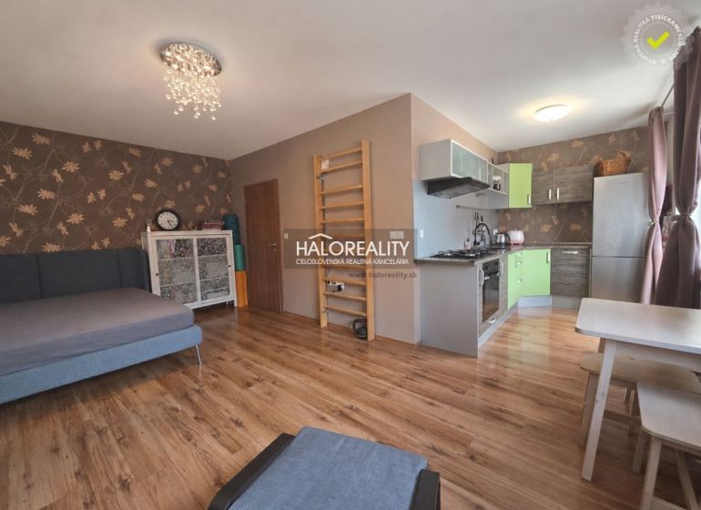 Living room of a two-room apartment with a wood-patterned floor and a kitchenette.