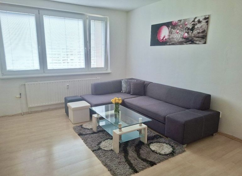 Living room in a 3-room apartment with a sofa, glass table, and wood-patterned flooring.