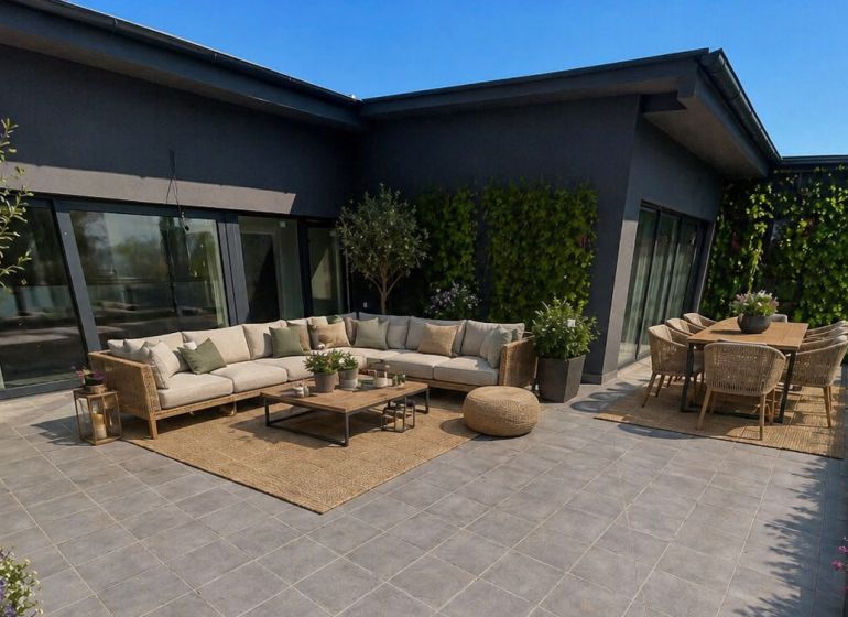 Terrace of a 3-room apartment in the town of Svit with seating and greenery.