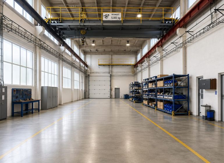 Interior of a warehouse with shelves and industrial equipment, bright lighting and concrete floor.