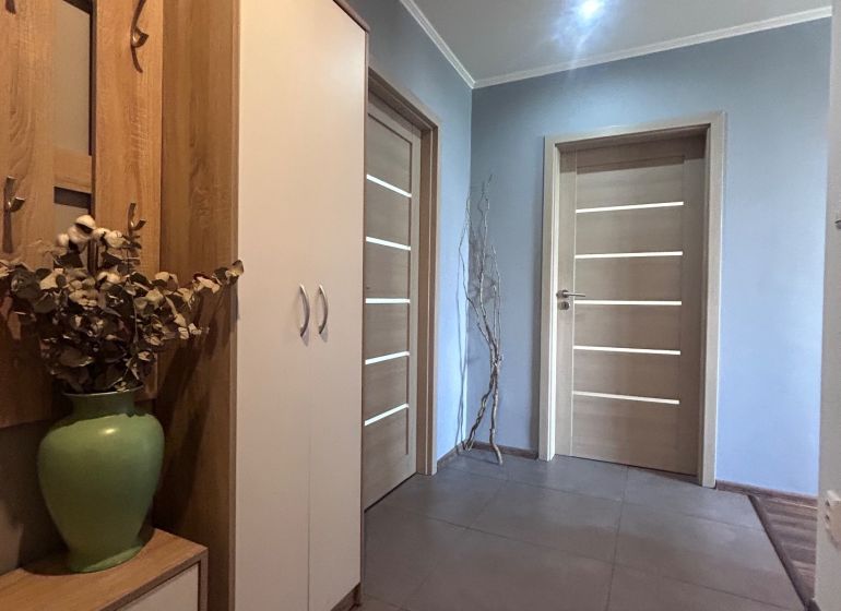 A hallway in a 3-room apartment with a decorative vase and wooden doors.