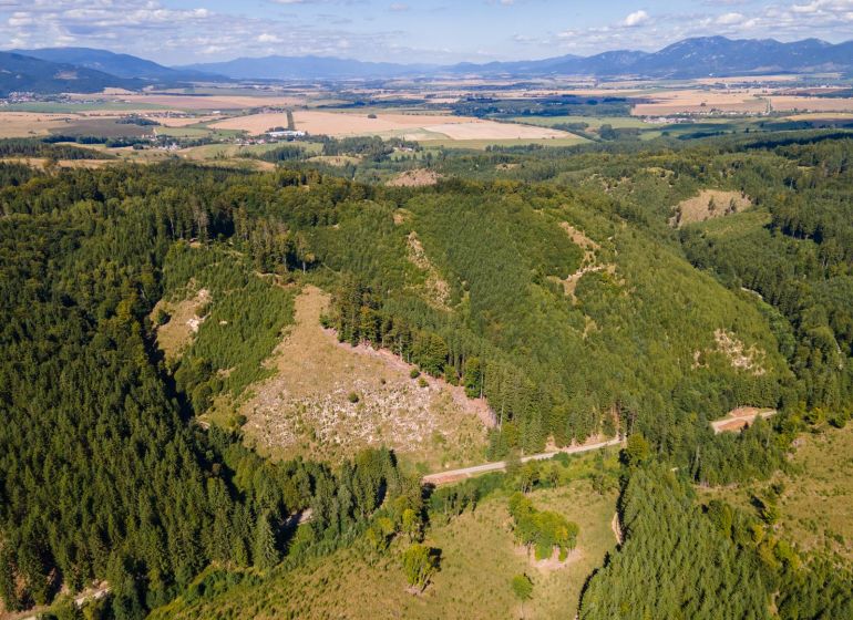 Aerial view of agricultural and forest lands around Budiš with a view of the landscape.